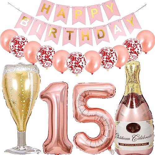 Dalettu Luftballon 15. Geburtstag Deko Mädchen, Folienballon Weinflasche Sektflasche Helium Ballon Deko, Roségold Geburtstagsdeko 15 Jahre Mädchen, Happy Birthday Banner für 15. Geburtstag Party Deko von Dalettu