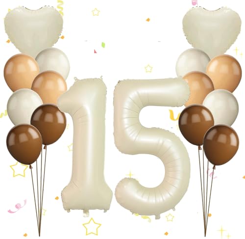 Dalettu Luftballon 15. Geburtstag Mädchen Deko, Ballons Cremeweiß Zahl 15 Luftballon, Happy Birthday Ballons Aprikose Braun Nummer 15 Herz Folienballon für Mädchen Kinder 15. Geburtstag Party Deko von Dalettu