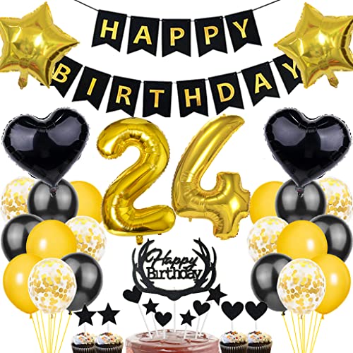 Dalettu Luftballon 24. Geburtstag Deko Mann, Schwarz Gold Geburtstagsdeko 24 Jahre Manner, Folienballon 24 Jahre Geburtstag Dekoration, Deko 24. Geburtstag Mann Frau, Tortendeko 24. Geburtstag Mann von Dalettu