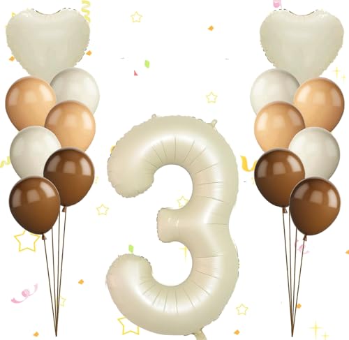 Dalettu Luftballon 3. Geburtstag Mädchen Deko, Ballons Cremeweiß Zahl 3 Luftballon, Happy Birthday Ballons Aprikose Braun Nummer 3 Herz Folienballon für Mädchen Kinder 3. Geburtstag Party Deko von Dalettu