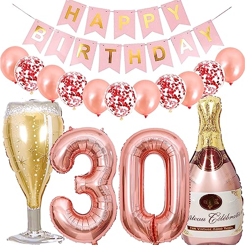 Dalettu Luftballon 30. Geburtstag Deko Frau, Folienballon Weinflasche Sektflasche Rose Gold Helium Ballon Deko, Geburtstagsdeko 30 Jahre Frauen, Happy Birthday Banner für 30 Jahr Geburtstag Party Deko von Dalettu