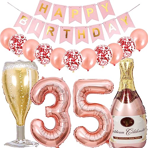 Dalettu Luftballon 35. Geburtstag Deko Frau, Folienballon Weinflasche Sektflasche Rose Gold Helium Ballon Deko, Geburtstagsdeko 35 Jahre Frauen, Happy Birthday Banner für 35 Jahr Geburtstag Party Deko von Dalettu