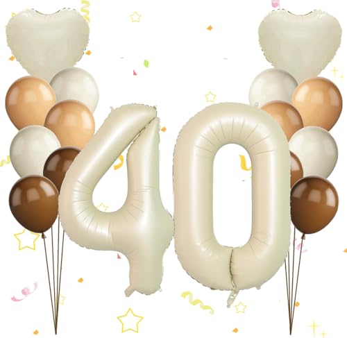 Dalettu Luftballon 40. Geburtstag Frauen Deko, Ballons Cremeweiß Zahl 40 Luftballon, Happy Birthday Ballons Aprikose Braun Nummer 40 Herz Folienballon für Männer Frauen 40. Geburtstag Party Deko von Dalettu
