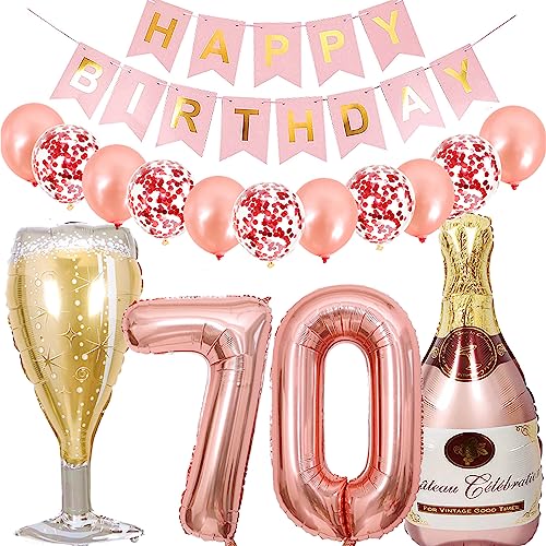 Dalettu Luftballon 70. Geburtstag Deko Frau, Folienballon Weinflasche Sektflasche Rose Gold Helium Ballon Deko, Geburtstagsdeko 70 Jahre Frauen, Happy Birthday Banner für 70 Jahr Geburtstag Party Deko von Dalettu