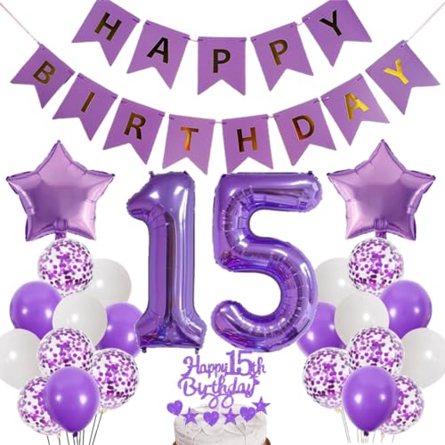 Dalettu Luftballons 15. Geburtstag Dekoration, Tortendeko Happy 15th Birthday Deko 15 Jahre Mädchen, Folienballon Zahl 15 Lila, Deko 15. Geburtstag Mädchen, Lila Geburtstagsdeko 15 Jahr Jungen Mädchen von Dalettu