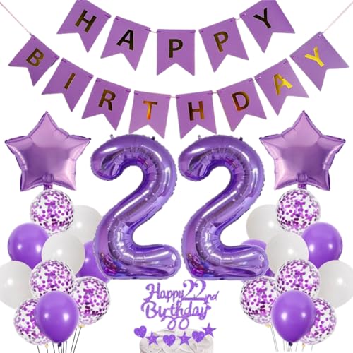 Dalettu Luftballons 22. Geburtstag Dekoration, Tortendeko Happy 22th Birthday Deko 22 Jahre Mädchen, Folienballon Zahl 22 Lila, Deko 22. Geburtstag Mädchen, Lila Geburtstagsdeko 22 Jahr Jungen Mädchen von Dalettu