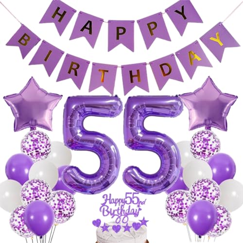 Dalettu Luftballons 55. Geburtstag Dekoration, Tortendeko Happy 55th Birthday Deko 55 Jahre Frau, Folienballon Zahl 55 Lila, Deko 55. Geburtstag Frauen, Lila Geburtstagsdeko 55 Jahr Männer Frauen von Dalettu