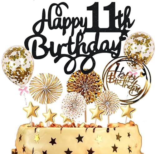 Dalettu Tortendeko 11. Geburtstag Jungen Mädchen, Kuchen Topper Happy 11th Birthday Schwarz, Kuchen Dekoration mit Luftballons Konfetti und Papierfächer für 11. Geburtstag Jungen Party Dekoration Dalettu Tortendeko 11. Geburtstag Jungen Mädchen, Kuchen Topper Happy 11th Birthday Schwarz, Kuchen Dekoration mit Luftballons Konfetti und Papierfächer für 11. Geburtstag Jungen Party Dekoration von Dalettu