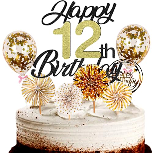 Dalettu Tortendeko 12. Geburtstag Mädchen Junge, Schwarz Cake Topper Deko 12 Geburtstag Mädchen, Cake Topper Happy Birthday Ballon Konfetti und Papierfächer für Geburtstagstorte Deko 12 Jahre Kinder von Dalettu
