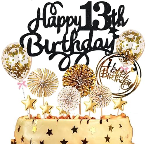 Dalettu Tortendeko 13. Geburtstag Jungen Mädchen, Kuchen Topper Happy 13th Birthday Schwarz, Kuchen Dekoration mit Luftballons Konfetti und Papierfächer für 13. Geburtstag Jungen Party Dekoration Dalettu Tortendeko 13. Geburtstag Jungen Mädchen, Kuchen Topper Happy 13th Birthday Schwarz, Kuchen Dekoration mit Luftballons Konfetti und Papierfächer für 13. Geburtstag Jungen Party Dekoration von Dalettu