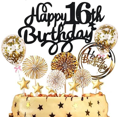 Dalettu Tortendeko 16. Geburtstag Jungen Mädchen, Kuchen Topper Happy 16th Birthday Schwarz, Kuchen Dekoration mit Luftballons Konfetti und Papierfächer für 16. Geburtstag Jungen Party Dekoration Dalettu Tortendeko 16. Geburtstag Jungen Mädchen, Kuchen Topper Happy 16th Birthday Schwarz, Kuchen Dekoration mit Luftballons Konfetti und Papierfächer für 16. Geburtstag Jungen Party Dekoration von Dalettu