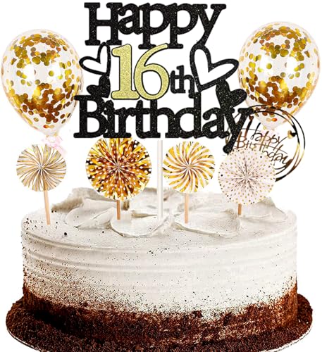 Dalettu Tortendeko 16. Geburtstag Mädchen Junge, Schwarz Cake Topper Deko 16 Geburtstag Mädchen, Kuchen Topper Happy Birthday Ballon Konfetti Papierfächer für Geburtstagstorte Deko 16 Jahre Kinder Dalettu Tortendeko 16. Geburtstag Mädchen Junge, Schwarz Cake Topper Deko 16 Geburtstag Mädchen, Kuchen Topper Happy Birthday Ballon Konfetti Papierfächer für Geburtstagstorte Deko 16 Jahre Kinder von Dalettu