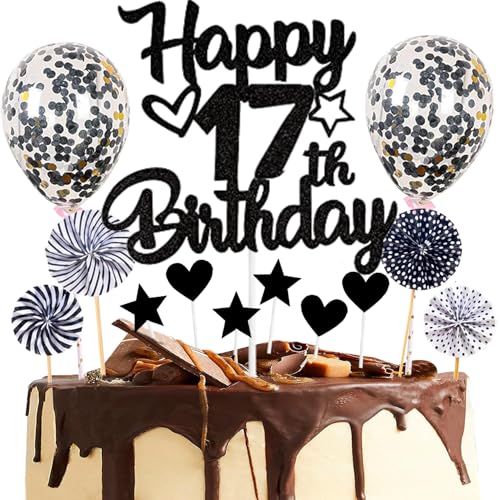 Dalettu Tortendeko 17. Geburtstag Mädchen Junge, Kuchen Topper Happy 17th Birthday Schwarz, Glitzer Kuchendeko 17. Geburtstag Ballon Konfetti Papierfächer für Geburtstagstorte Deko 17 Jahre Kinder von Dalettu