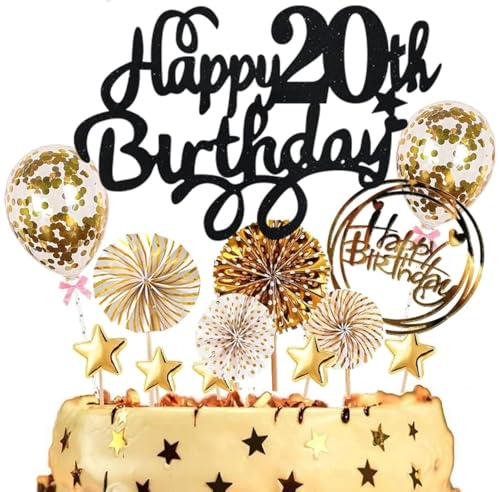 Dalettu Tortendeko 20. Geburtstag Mann Frauen, Kuchen Topper Happy 20th Birthday Schwarz, Kuchen Dekoration mit Luftballons Konfetti und Papierfächer für 20. Geburtstag Männer Party Dekoration Dalettu Tortendeko 20. Geburtstag Mann Frauen, Kuchen Topper Happy 20th Birthday Schwarz, Kuchen Dekoration mit Luftballons Konfetti und Papierfächer für 20. Geburtstag Männer Party Dekoration von Dalettu