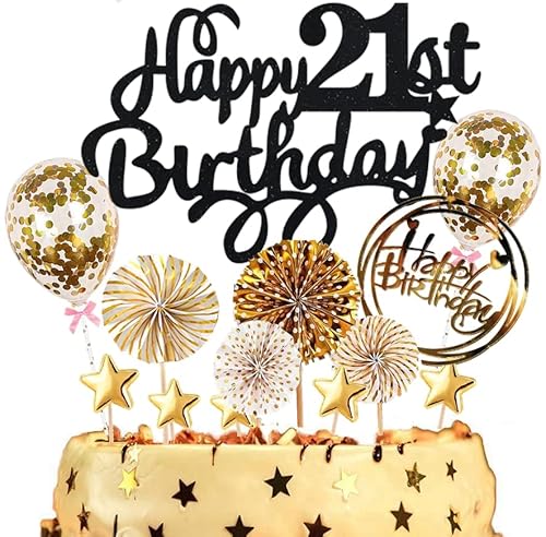 Dalettu Tortendeko 21. Geburtstag Mann Frauen, Kuchen Topper Happy 21th Birthday Schwarz, Kuchen Dekoration mit Luftballons Konfetti und Papierfächer für 21. Geburtstag Männer Party Dekoration Dalettu Tortendeko 21. Geburtstag Mann Frauen, Kuchen Topper Happy 21th Birthday Schwarz, Kuchen Dekoration mit Luftballons Konfetti und Papierfächer für 21. Geburtstag Männer Party Dekoration von Dalettu