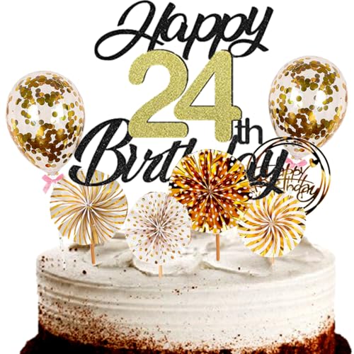 Dalettu Tortendeko 24. Geburtstag Mann Frau, Schwarz Cake Topper Deko 24 Geburtstag Frauen, Cake Topper Happy Birthday Ballon Konfetti und Papierfächer für Geburtstagstorte Deko 24 Jahre Frauen Männer von Dalettu