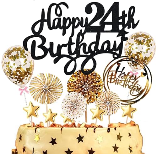 Dalettu Tortendeko 24. Geburtstag Mann Frauen, Kuchen Topper Happy 24th Birthday Schwarz, Kuchen Dekoration mit Luftballons Konfetti und Papierfächer für 24. Geburtstag Männer Party Dekoration Dalettu Tortendeko 24. Geburtstag Mann Frauen, Kuchen Topper Happy 24th Birthday Schwarz, Kuchen Dekoration mit Luftballons Konfetti und Papierfächer für 24. Geburtstag Männer Party Dekoration von Dalettu