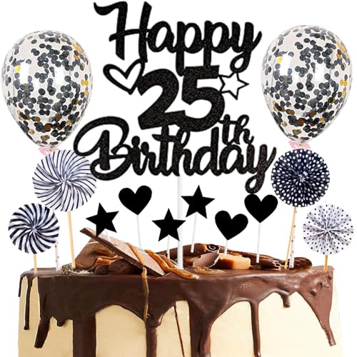 Dalettu Tortendeko 25. Geburtstag Mann Frau, Kuchen Topper Happy 25th Birthday Schwarz, Glitzer Kuchendeko 25. Geburtstag Ballon Konfetti Papierfächer für Geburtstagstorte Deko 25 Jahre Frauen Männer Dalettu Tortendeko 25. Geburtstag Mann Frau, Kuchen Topper Happy 25th Birthday Schwarz, Glitzer Kuchendeko 25. Geburtstag Ballon Konfetti Papierfächer für Geburtstagstorte Deko 25 Jahre Frauen Männer von Dalettu
