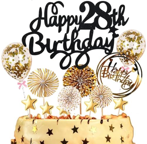 Dalettu Tortendeko 28. Geburtstag Mann Frauen, Kuchen Topper Happy 28th Birthday Schwarz, Kuchen Dekoration mit Luftballons Konfetti und Papierfächer für 28. Geburtstag Männer Party Dekoration Dalettu Tortendeko 28. Geburtstag Mann Frauen, Kuchen Topper Happy 28th Birthday Schwarz, Kuchen Dekoration mit Luftballons Konfetti und Papierfächer für 28. Geburtstag Männer Party Dekoration von Dalettu