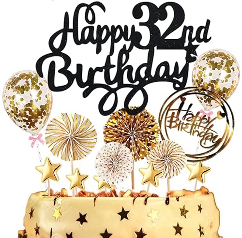 Dalettu Tortendeko 32. Geburtstag Mann Frauen, Kuchen Topper Happy 32th Birthday Schwarz, Kuchen Dekoration mit Luftballons Konfetti und Papierfächer für 32. Geburtstag Männer Party Dekoration Dalettu Tortendeko 32. Geburtstag Mann Frauen, Kuchen Topper Happy 32th Birthday Schwarz, Kuchen Dekoration mit Luftballons Konfetti und Papierfächer für 32. Geburtstag Männer Party Dekoration von Dalettu