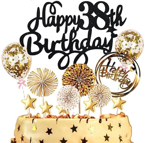 Dalettu Tortendeko 38. Geburtstag Mann Frauen, Kuchen Topper Happy 38th Birthday Schwarz, Kuchen Dekoration mit Luftballons Konfetti und Papierfächer für 38. Geburtstag Männer Party Dekoration Dalettu Tortendeko 38. Geburtstag Mann Frauen, Kuchen Topper Happy 38th Birthday Schwarz, Kuchen Dekoration mit Luftballons Konfetti und Papierfächer für 38. Geburtstag Männer Party Dekoration von Dalettu