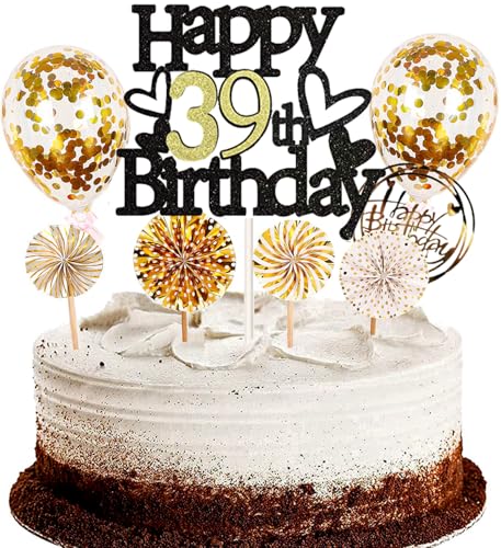 Dalettu Tortendeko 39. Geburtstag Mann Frau, Schwarz Cake Topper Deko 39 Geburtstag Frauen, Kuchen Topper Happy Birthday Ballon Konfetti Papierfächer für Geburtstagstorte Deko 39 Jahre Frauen Männer von Dalettu