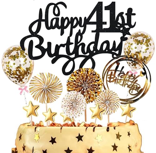 Dalettu Tortendeko 41. Geburtstag Mann Frauen, Kuchen Topper Happy 41th Birthday Schwarz, Kuchen Dekoration mit Luftballons Konfetti und Papierfächer für 41. Geburtstag Männer Party Dekoration Dalettu Tortendeko 41. Geburtstag Mann Frauen, Kuchen Topper Happy 41th Birthday Schwarz, Kuchen Dekoration mit Luftballons Konfetti und Papierfächer für 41. Geburtstag Männer Party Dekoration von Dalettu