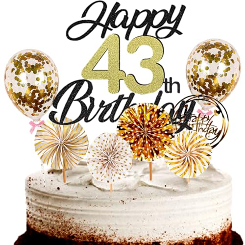 Dalettu Tortendeko 43. Geburtstag Mann Frau, Schwarz Cake Topper Deko 43 Geburtstag Frauen, Cake Topper Happy Birthday Ballon Konfetti und Papierfächer für Geburtstagstorte Deko 43 Jahre Frauen Männer von Dalettu