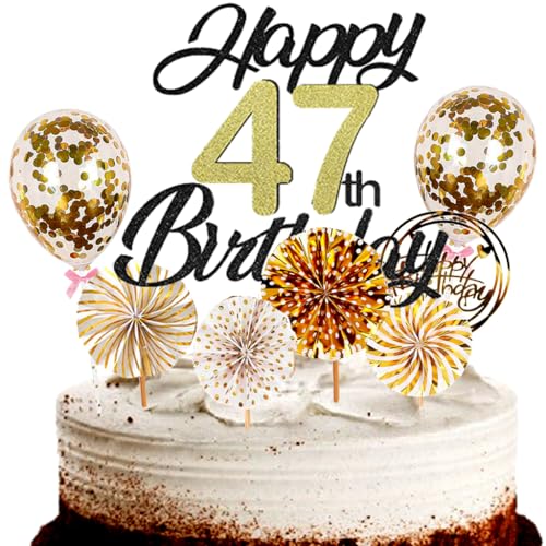 Dalettu Tortendeko 47. Geburtstag Mann Frau, Schwarz Cake Topper Deko 47 Geburtstag Frauen, Cake Topper Happy Birthday Ballon Konfetti und Papierfächer für Geburtstagstorte Deko 47 Jahre Frauen Männer von Dalettu