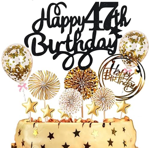 Dalettu Tortendeko 47. Geburtstag Mann Frauen, Kuchen Topper Happy 47th Birthday Schwarz, Kuchen Dekoration mit Luftballons Konfetti und Papierfächer für 47. Geburtstag Männer Party Dekoration Dalettu Tortendeko 47. Geburtstag Mann Frauen, Kuchen Topper Happy 47th Birthday Schwarz, Kuchen Dekoration mit Luftballons Konfetti und Papierfächer für 47. Geburtstag Männer Party Dekoration von Dalettu