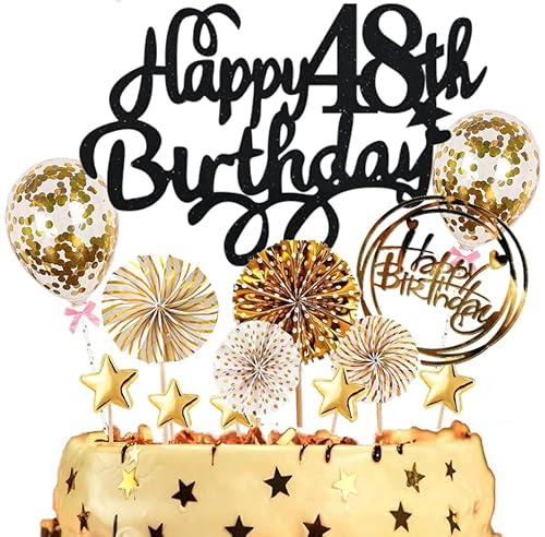 Dalettu Tortendeko 48. Geburtstag Mann Frauen, Kuchen Topper Happy 48th Birthday Schwarz, Kuchen Dekoration mit Luftballons Konfetti und Papierfächer für 48. Geburtstag Männer Party Dekoration Dalettu Tortendeko 48. Geburtstag Mann Frauen, Kuchen Topper Happy 48th Birthday Schwarz, Kuchen Dekoration mit Luftballons Konfetti und Papierfächer für 48. Geburtstag Männer Party Dekoration von Dalettu