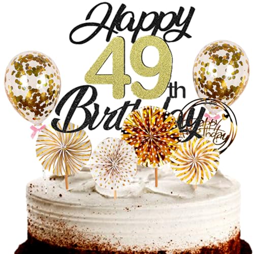 Dalettu Tortendeko 49. Geburtstag Mann Frau, Schwarz Cake Topper Deko 49 Geburtstag Frauen, Cake Topper Happy Birthday Ballon Konfetti und Papierfächer für Geburtstagstorte Deko 49 Jahre Frauen Männer von Dalettu