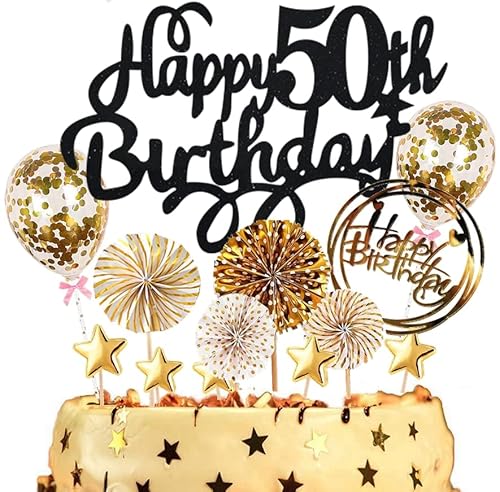 Dalettu Tortendeko 50. Geburtstag Mann Frauen, Kuchen Topper Happy 50th Birthday Schwarz, Kuchen Dekoration mit Luftballons Konfetti und Papierfächer für 50. Geburtstag Männer Party Dekoration Dalettu Tortendeko 50. Geburtstag Mann Frauen, Kuchen Topper Happy 50th Birthday Schwarz, Kuchen Dekoration mit Luftballons Konfetti und Papierfächer für 50. Geburtstag Männer Party Dekoration von Dalettu