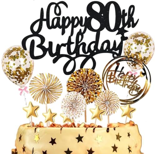 Dalettu Tortendeko 80. Geburtstag Mann Frauen, Kuchen Topper Happy 80th Birthday Schwarz, Kuchen Dekoration mit Luftballons Konfetti und Papierfächer für 80. Geburtstag Männer Party Dekoration Dalettu Tortendeko 80. Geburtstag Mann Frauen, Kuchen Topper Happy 80th Birthday Schwarz, Kuchen Dekoration mit Luftballons Konfetti und Papierfächer für 80. Geburtstag Männer Party Dekoration von Dalettu