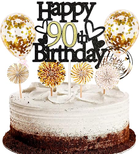 Dalettu Tortendeko 90. Geburtstag Mann Frau, Schwarz Cake Topper Deko 90 Geburtstag Frauen, Kuchen Topper Happy Birthday Ballon Konfetti Papierfächer für Geburtstagstorte Deko 90 Jahre Frauen Männer Dalettu Tortendeko 90. Geburtstag Mann Frau, Schwarz Cake Topper Deko 90 Geburtstag Frauen, Kuchen Topper Happy Birthday Ballon Konfetti Papierfächer für Geburtstagstorte Deko 90 Jahre Frauen Männer von Dalettu