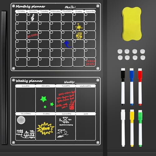 2 Stück wiederverwendbare Monats-/Wochenplanertafel, magnetischer Acryl-Kalender für Kühlschrank, klarer Familienplaner mit magnetischem Radiergummi, 6 Markierungen für Mahlzeiten, Menüs, Einkäufe von Daletu