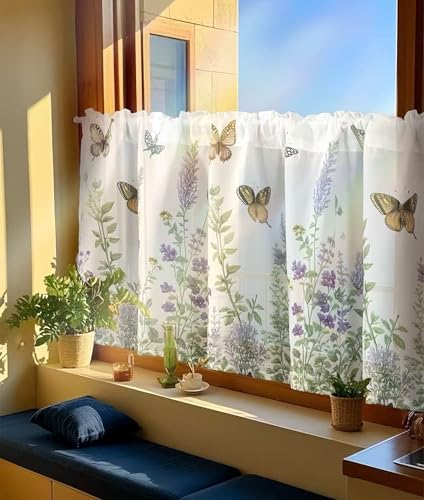 Daliena Kurzgardine mit Blumen Schmetterlinge Scheibengardinen Landhaus Stil Küchengardinen Halbtransparent Cafe Vorhang Fenstergardine mit Drucken (BxH 90x60cm) weiß 1 stück von Daliena