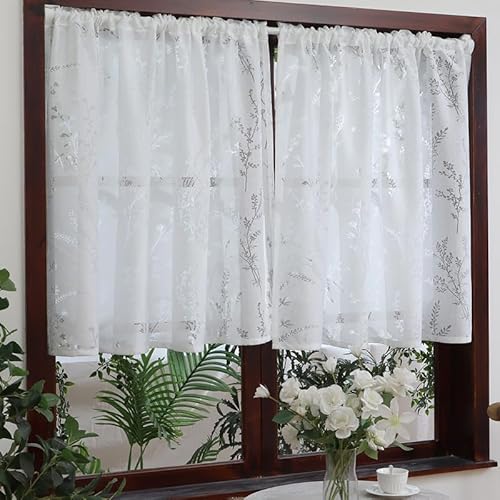 Daliena Scheibengardine Blattmuster halbtransparent Bistrogardine landhausstil Spitze kurzgardine mit stangendurchzug, Fenstergardinen für Küche & Wohnzimmer (BxH 180x45cm) Weiß 1 stück von Daliena
