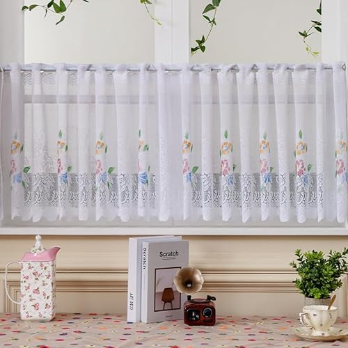 Daliena Scheibengardine Jacquard Kurzgardine Spitze mit Blumenmuster, Küchengardine Lichtdurchlässig Kleiner Fenstervorhang, Modern Bistrogardine mit Durchzug (BxH 110x50cm) Weiß 1 stück von Daliena