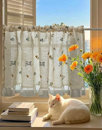 Daliena Scheibengardine Landhausstil Vintage Kurzgardine Leinenoptik Küchengardinen mit Blumen-Stickerei Fenstergardinen Halbtransparent für Küche, Balkon, Café-Ecke (BxH 100x60cm) Beige 1 stück von Daliena