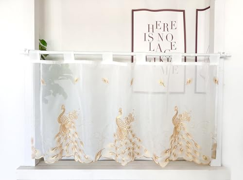 Daliena Scheibengardine Voile Kurzgardine mit Schlaufen Bistrogardine Modern Transparent Küchengardine mit Stickerei, Gardinen für Kleine Fenster (BxH 100x100cm) Gold 1 stück von Daliena
