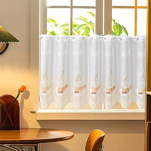 Daliena Scheibengardinen Jacquard Spitze Gardine Kurz Kaffeegardine Küchengardine Modern Minimalistisch Kurzgardine Halbtransparente, Dekorativer Fenstergardinen für Café (BxH 150x45cm) Weiß 1 Stück von Daliena