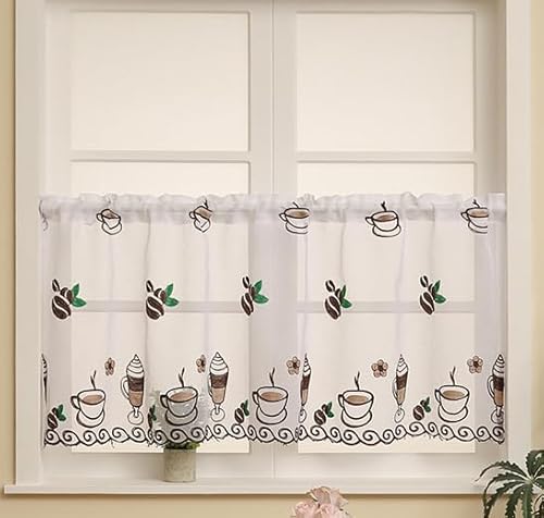 Daliena Scheibengardinen mit Kaffeemotiv Cafe Gardinen Kurzgardine Bestickt Bistorgardine Modern, Fenstergardinen für Cafés, Küche, Wohnzimmer (BxH 130x60cm) Weiß 1 stück von Daliena