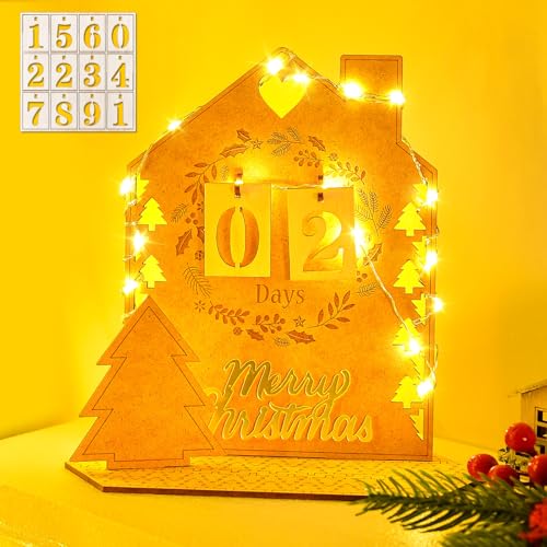 Dalugo Adventskalender mit LED Lichterkette, 24 Tage Weihnachten Countdown Adventskalender, Überraschungen Weihnachtskalender Holz für Haus, Büro, Weihnachten von Dalugo
