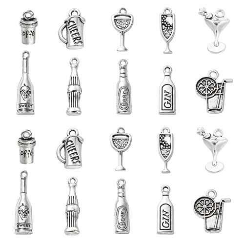 DanLingJewelry 100 Stück 10 Stile Antik Silber Getränkeanhänger Weinflasche Cocktail Saft Kaffee Bier Charms für DIY Halskette Armband von DanLingJewelry
