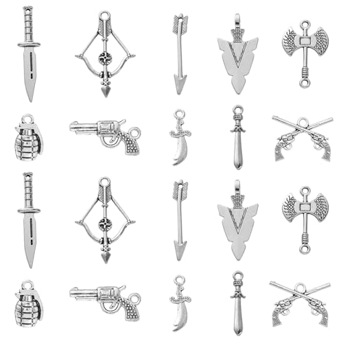 DanLingJewelry 100 Stück 10 Stile Antik Silber Waffen-Charms Mystery Killer Waffenwerkzeug Charms für Schmuckherstellung und Basteln von DanLingJewelry