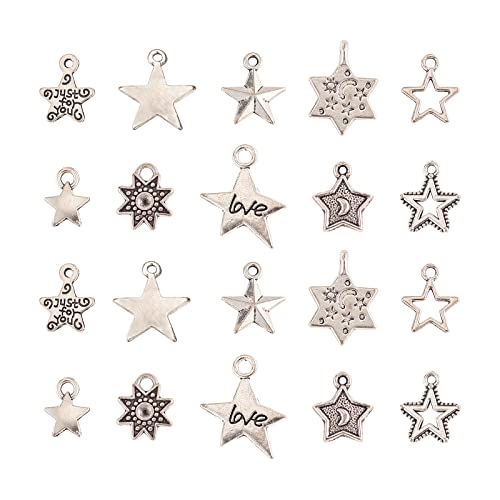 DanLingJewelry 100 Stück 10 Stile Vintage Silber Stern Charms Pentagramm Charms Mini Dangle Star Charms für DIY Armbänder Halsketten Herstellung von DanLingJewelry
