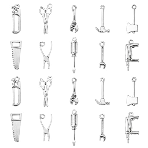 DanLingJewelry 100 Stück 10 Stile Werkzeug Charms Säge Schraubenschlüssel Zange Schraubendreher Hammer Schere Charms für Schmuckherstellung Basteln von DanLingJewelry