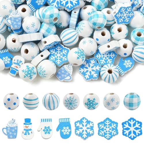 DanLingJewelry 100 Stück zufällige winterblaue Holzperlen, weihnachtliches Thema, rustikale Bauernhaus-Holzperlen, Bastelperlen für DIY-Armbänder, Halsketten, DIY-Heimdekoration von DanLingJewelry