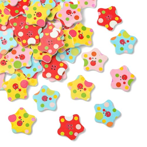 DanLingJewelry 100 handgefertigte Stern-Holzknöpfe, gemischte Stile, 2 Löcher, zum Nähen, Stricken, Scrapbooking, DIY, Verzierung von DanLingJewelry